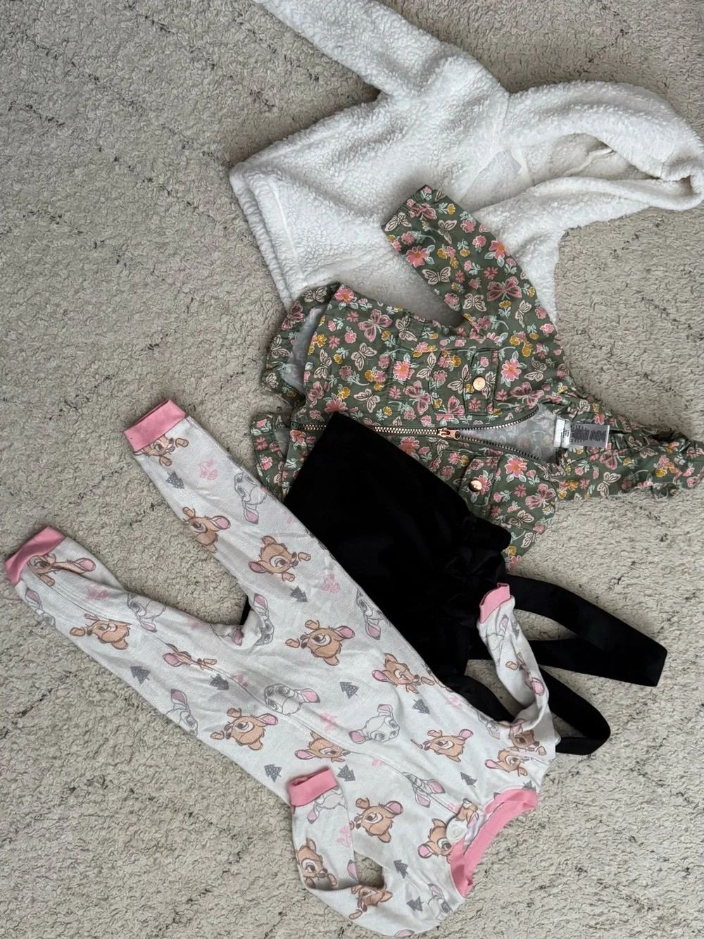 Toddler Floral Jacket with Sherpa Hood + Pink Bambi Footed Romper Set